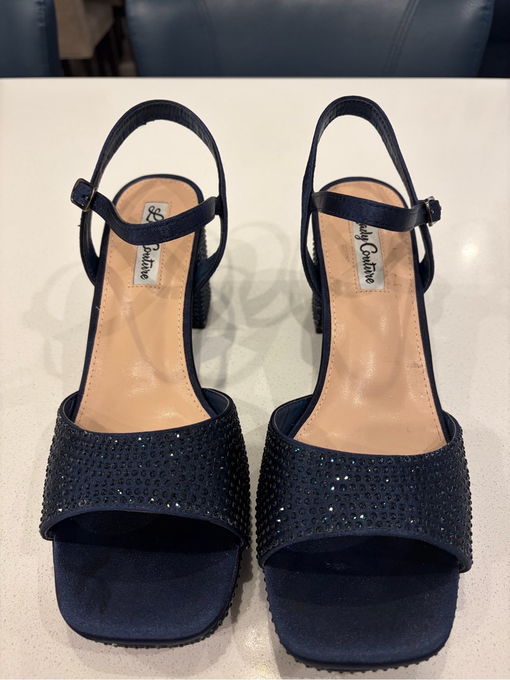 Navy Crystal-Embellished Block Heel Sandals by Lady Couture